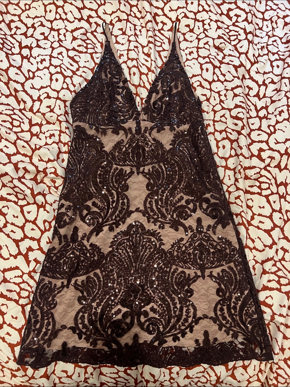 Free People Sequin Embellished Black Lace Slip Dress on Nude
